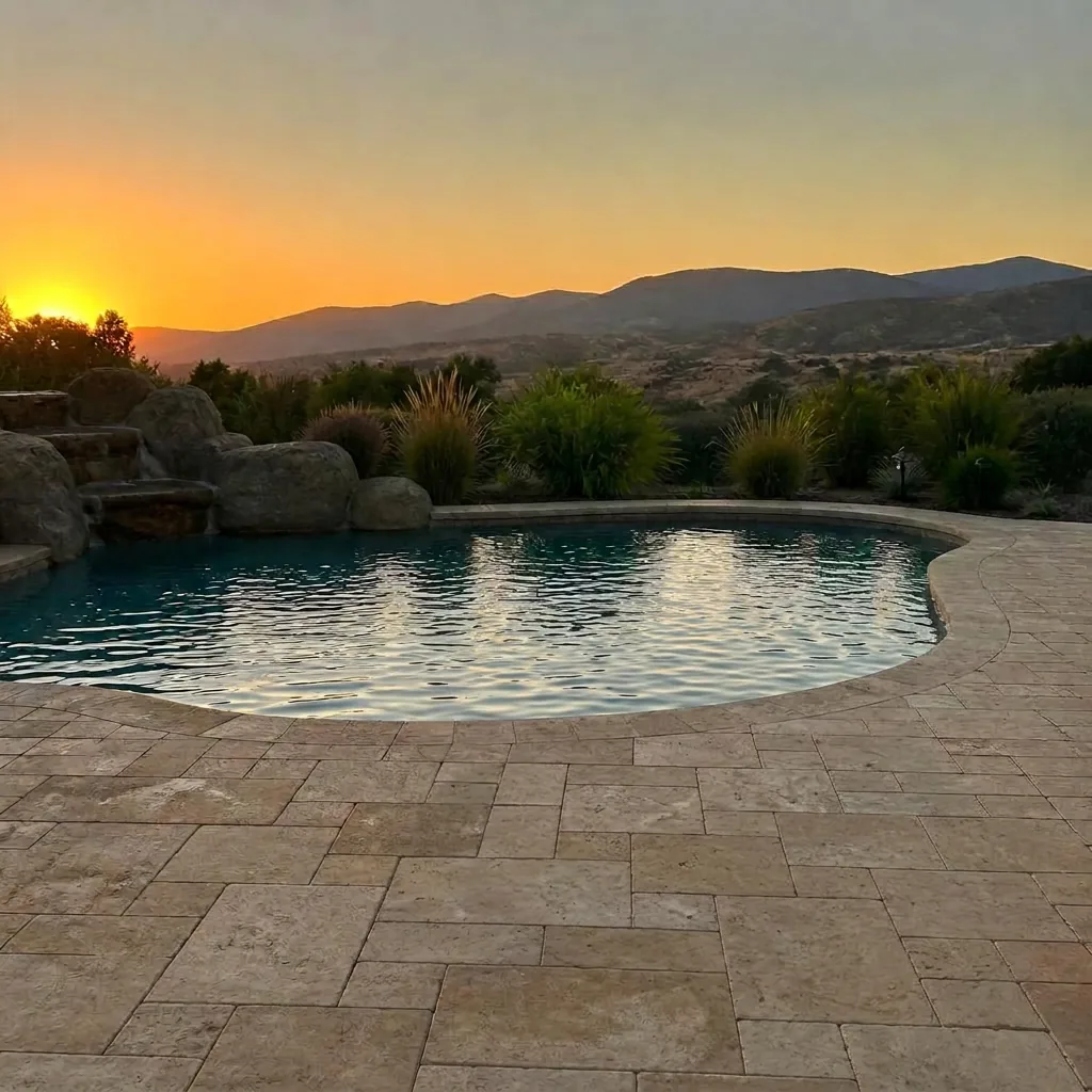 Travertine pool deck and patio at sunset