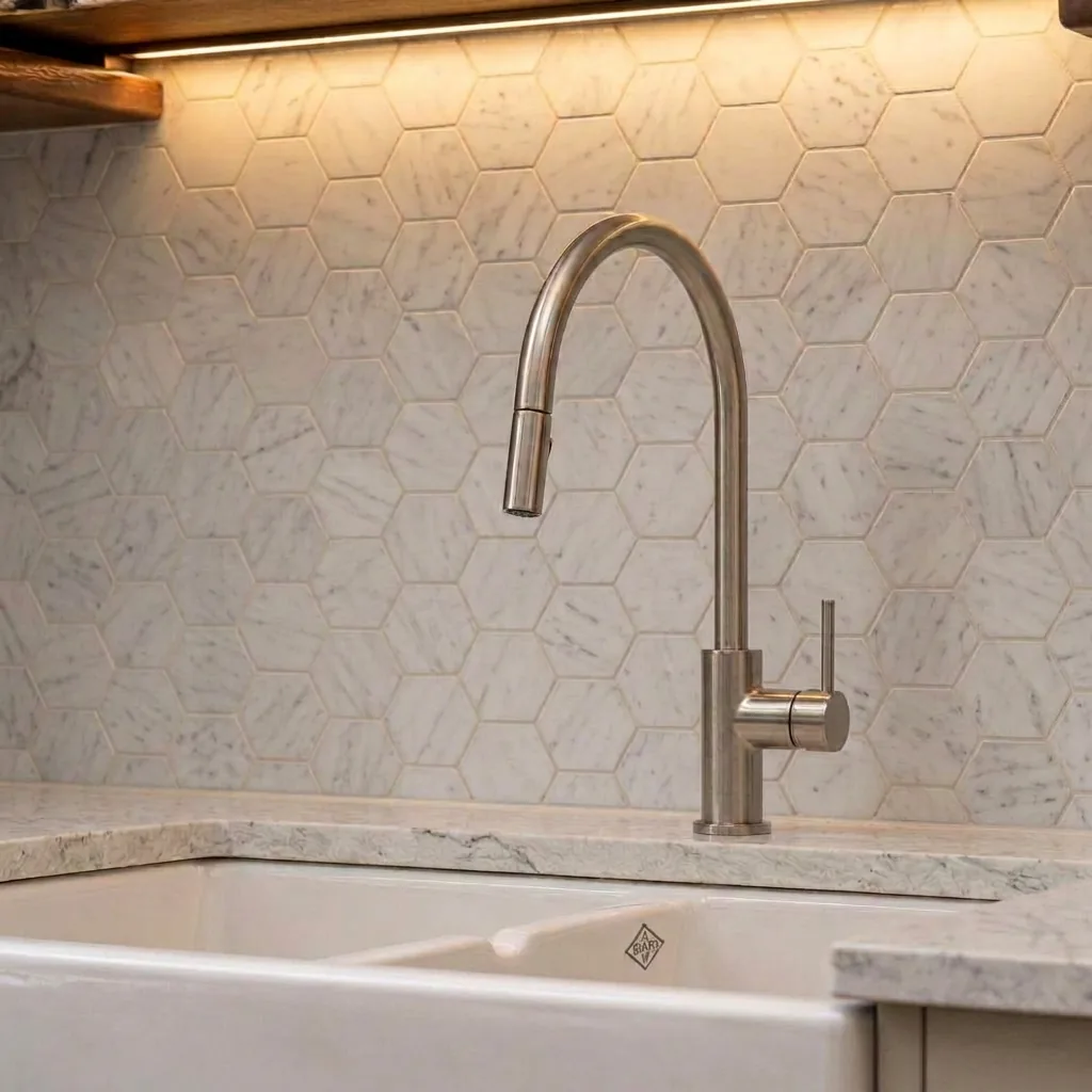 White subway tile backsplash with dark grout behind a professional gas range