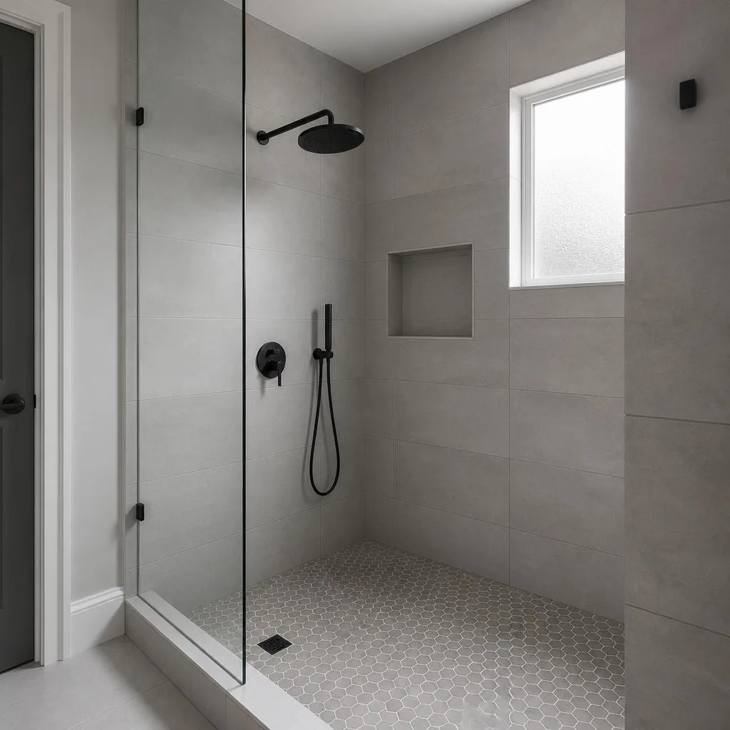Modern walk-in tile shower with gray porcelain wall tile, hexagon mosaic floor, and matte black fixtures