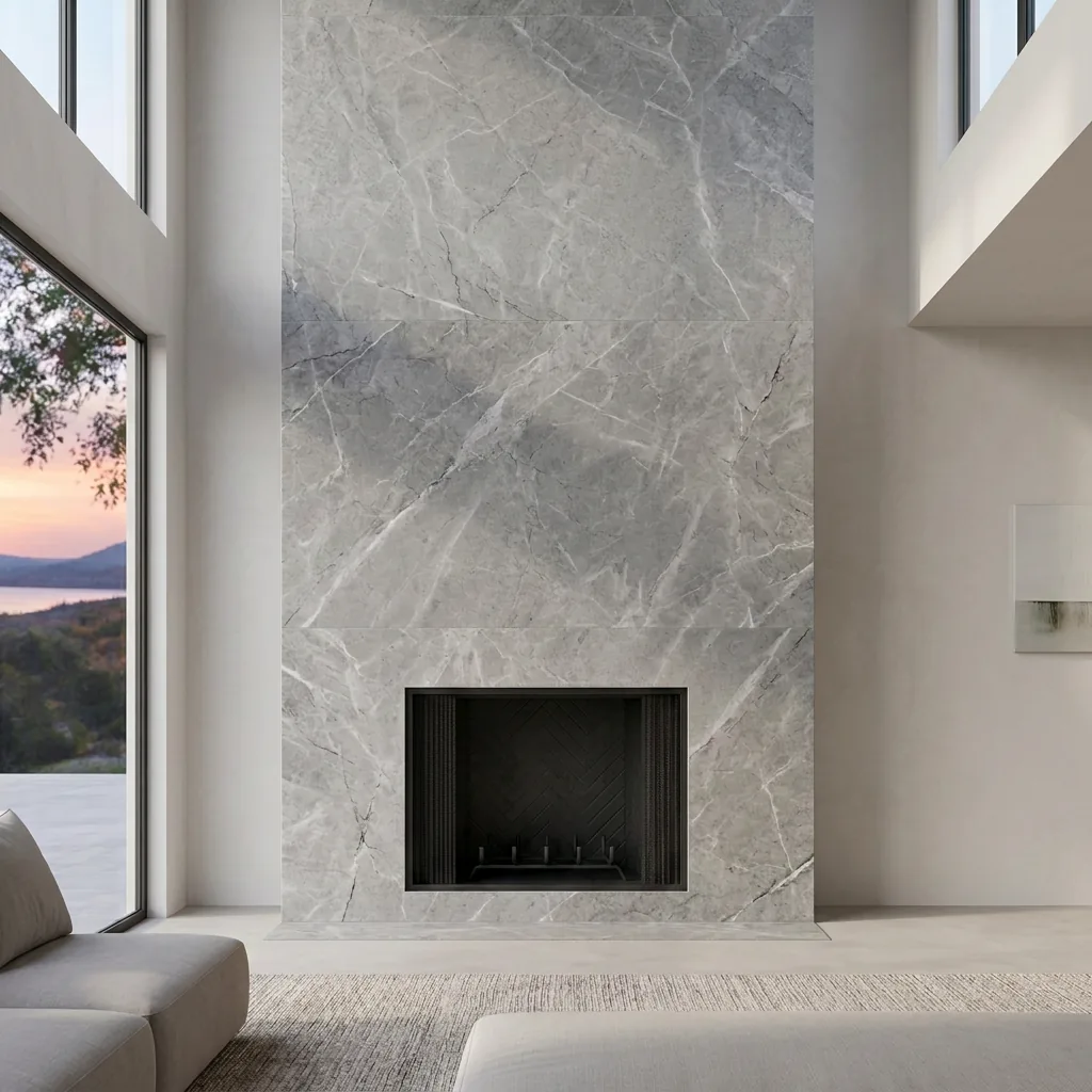 Floor-to-ceiling book-matched Calacatta marble fireplace surround