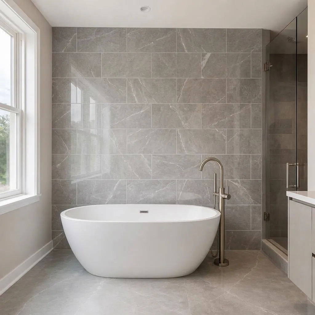 Freestanding white tub against a full wall of large-format gray marble-look tile in Granite Bay