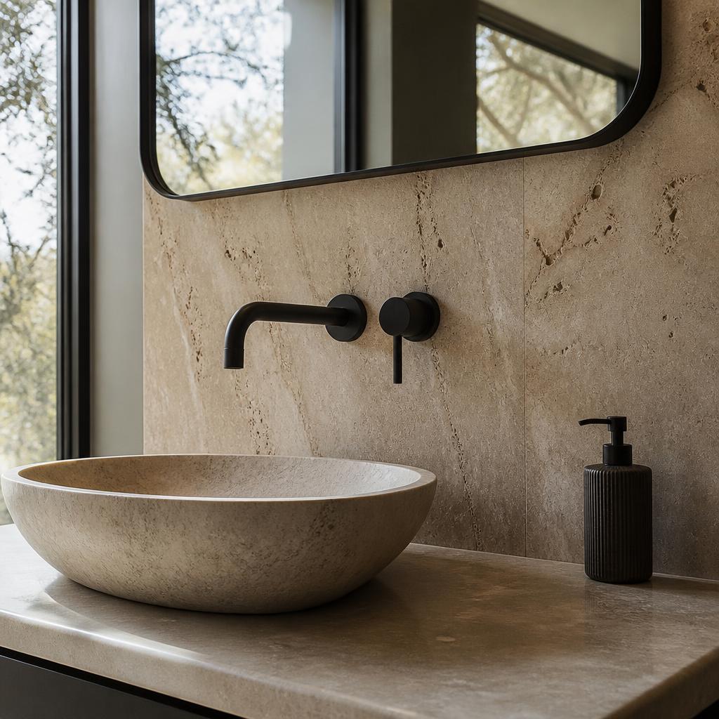 Modern travertine bathroom detail with matte black fixtures