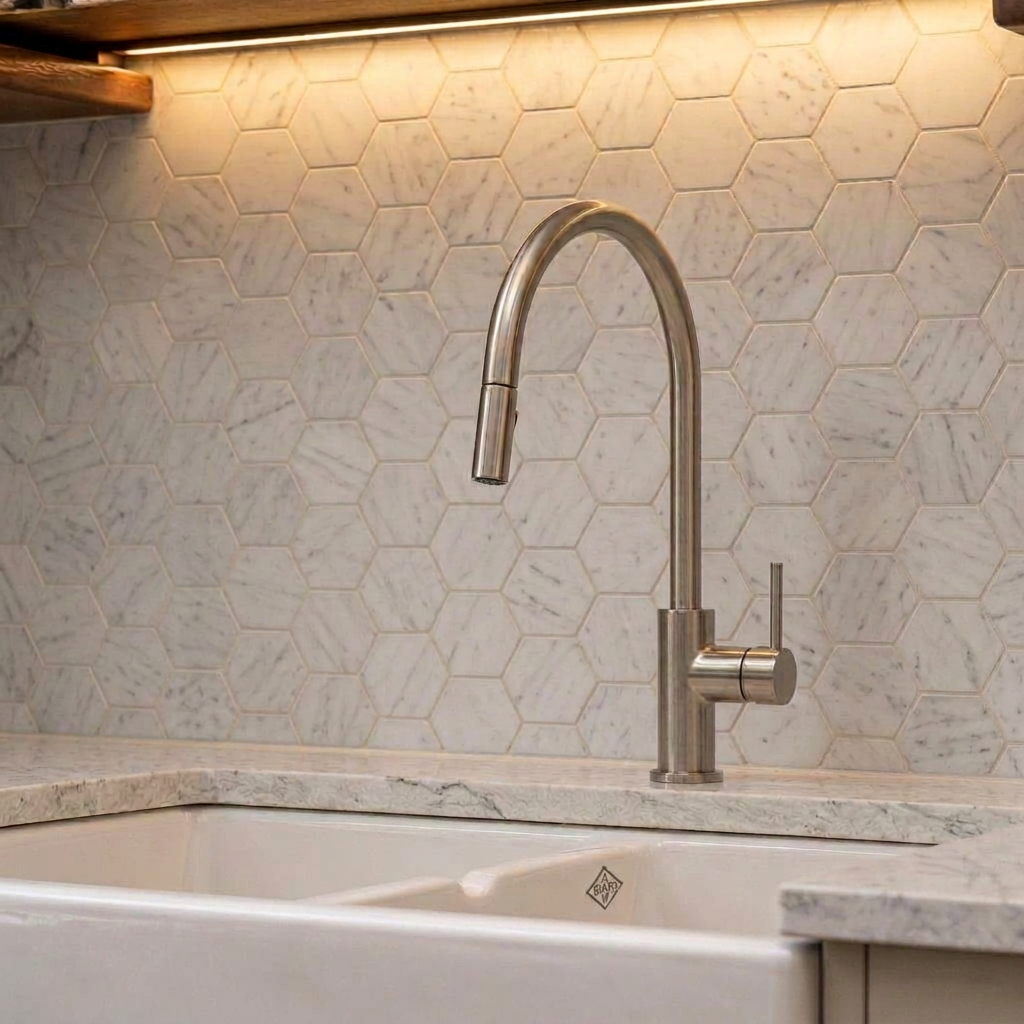 White subway tile backsplash with dark grout behind a professional gas range