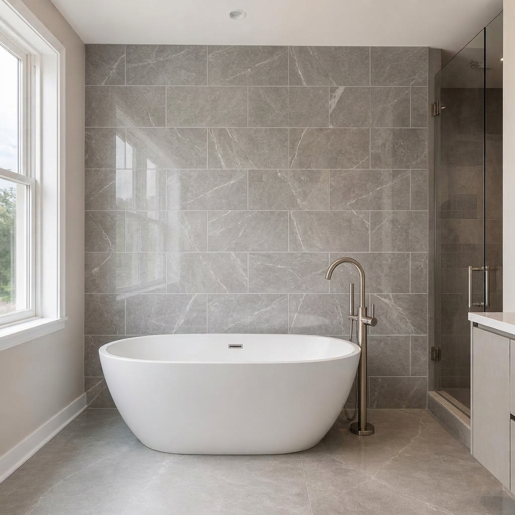 Freestanding white tub against a full wall of large-format gray marble-look tile in Granite Bay