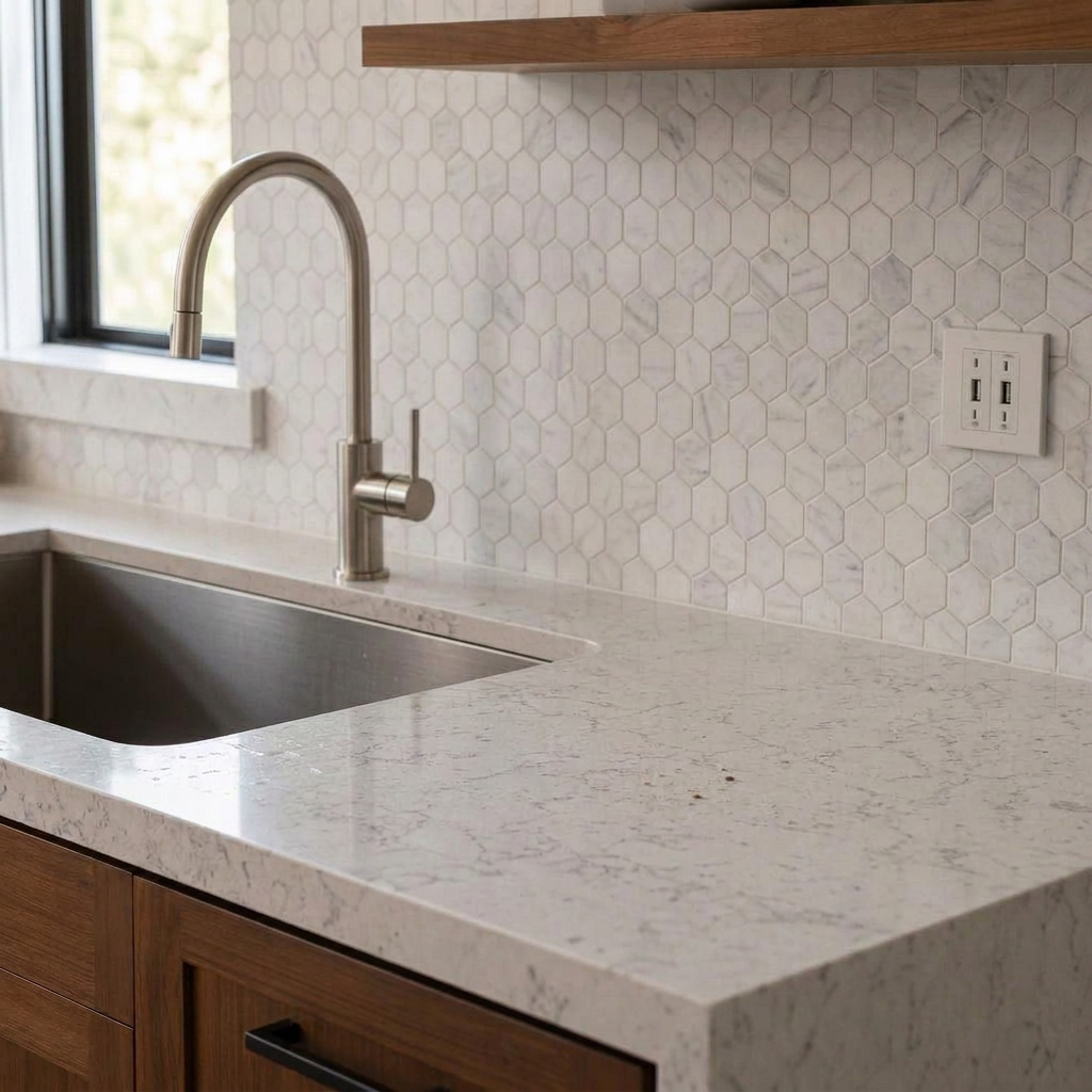 Waterfall quartz countertop with mitered edge
