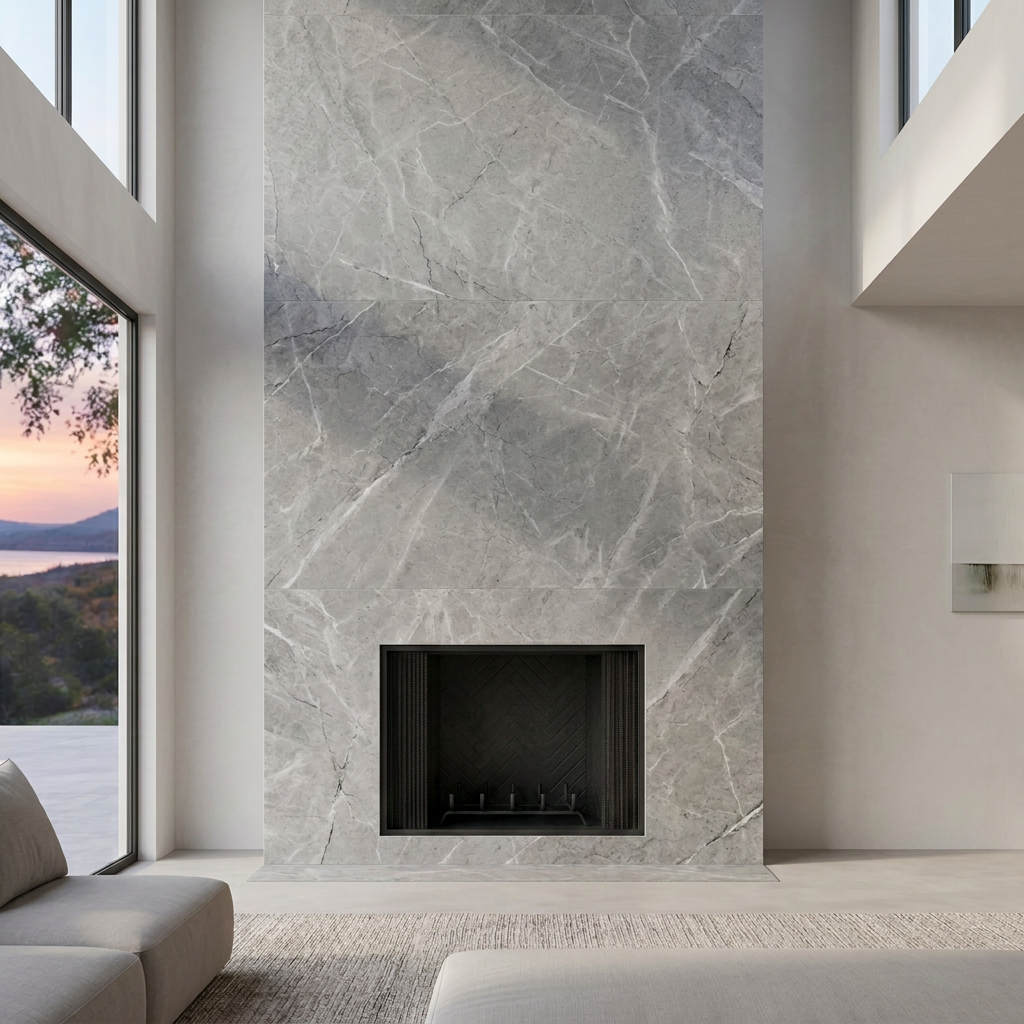 Floor-to-ceiling book-matched Calacatta marble fireplace surround