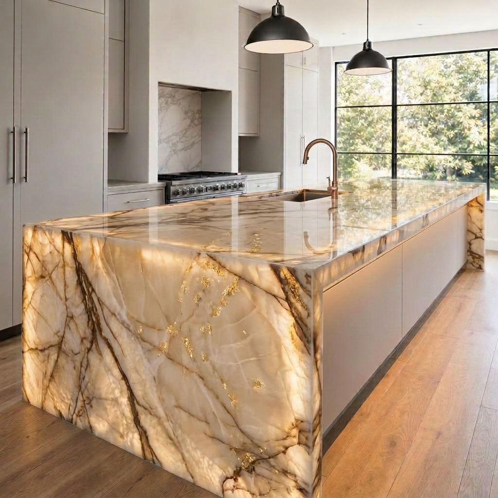 Cristalo quartzite waterfall kitchen island with gray veining in El Dorado Hills