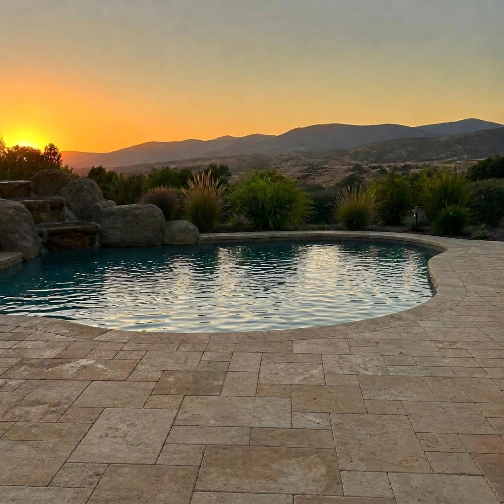Travertine pool deck and patio at sunset