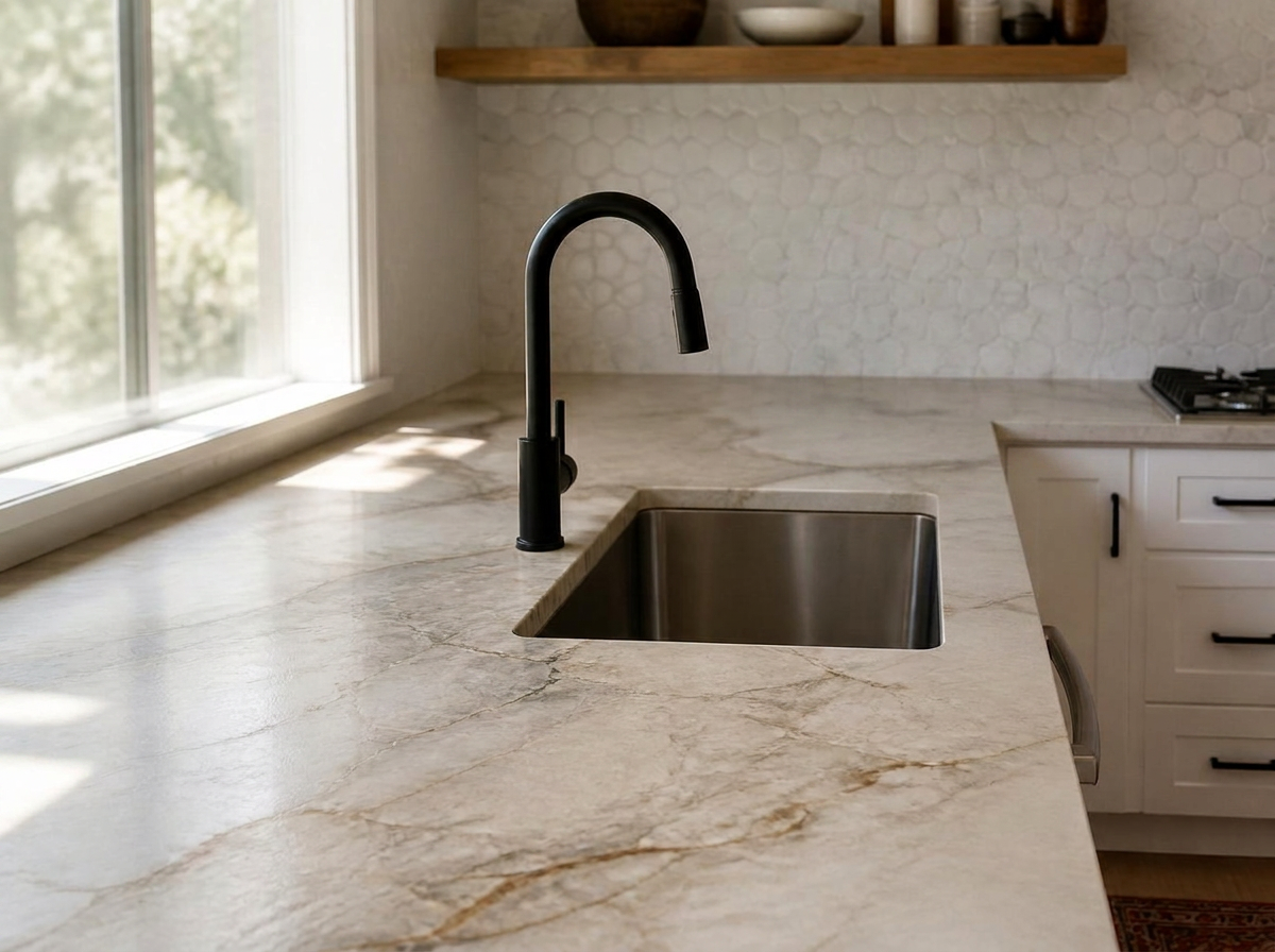Taj Mahal quartzite kitchen countertop with hexagon marble backsplash in Orangevale