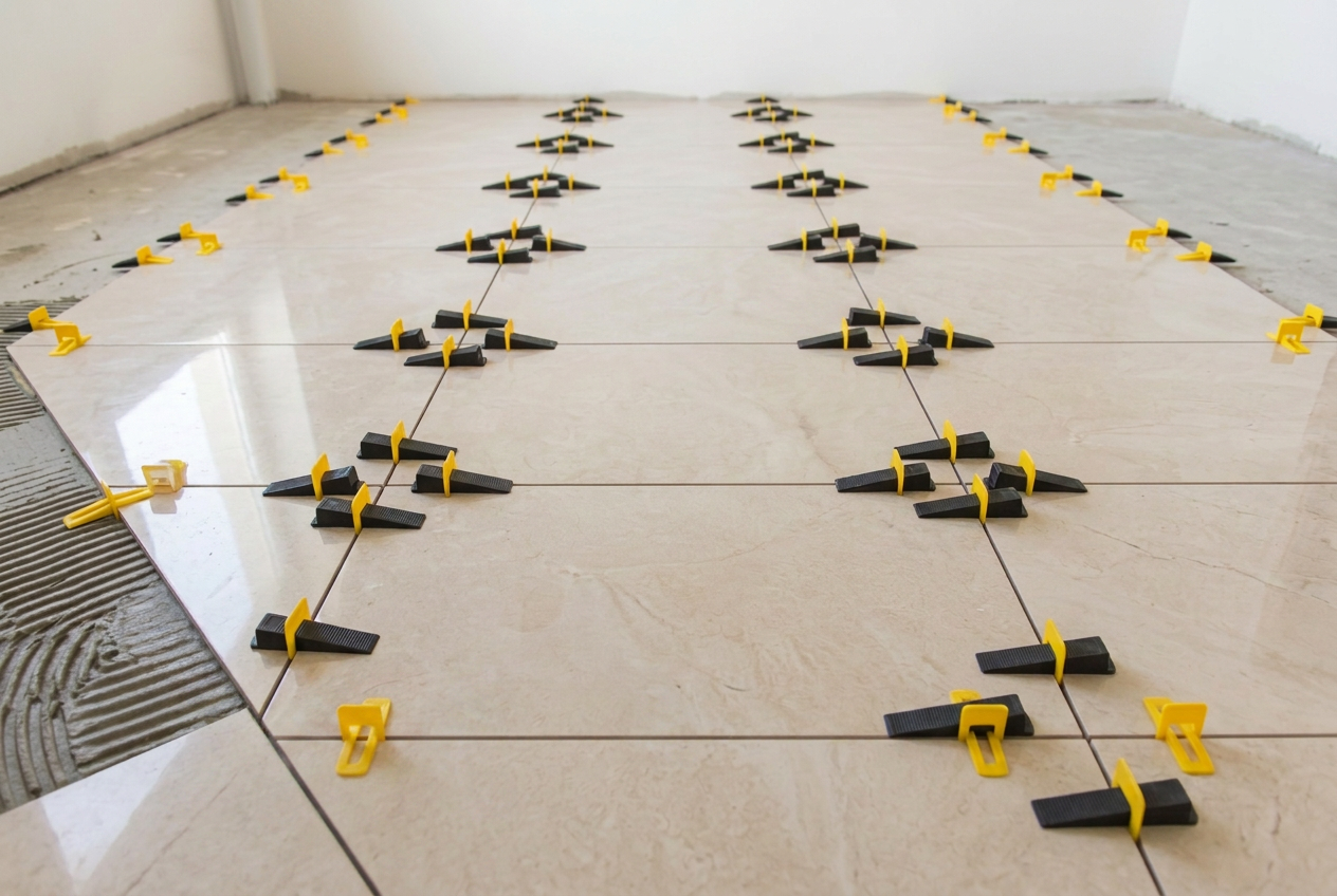 Large-format porcelain floor tiles with white cross spacers during installation